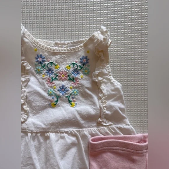Carters|Baby girl White Floral Embroidered Top w ruffles & Pink Leggings•••9M - Picture 2 of 5